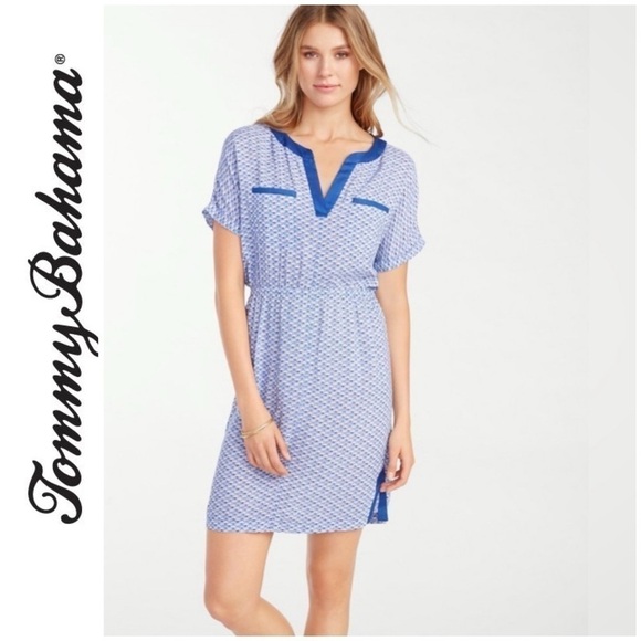 Tommy Bahama Dresses & Skirts - Tommy Bahama Fan Festival split neck dress shell print blue lightweight sz M